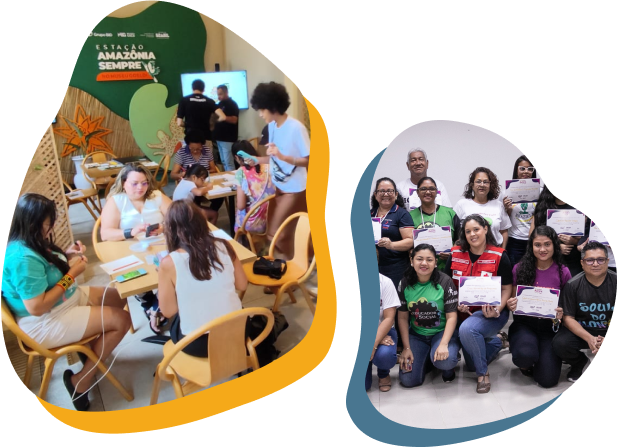 Duas fotos. À esquerda, pessoas trabalham em mesas com o painel 'ESTAÇÃO AMAZÔNIA SEMPRE' ao fundo. À direita, um grupo de adultos posa sorrindo enquanto exibe certificados em mãos.